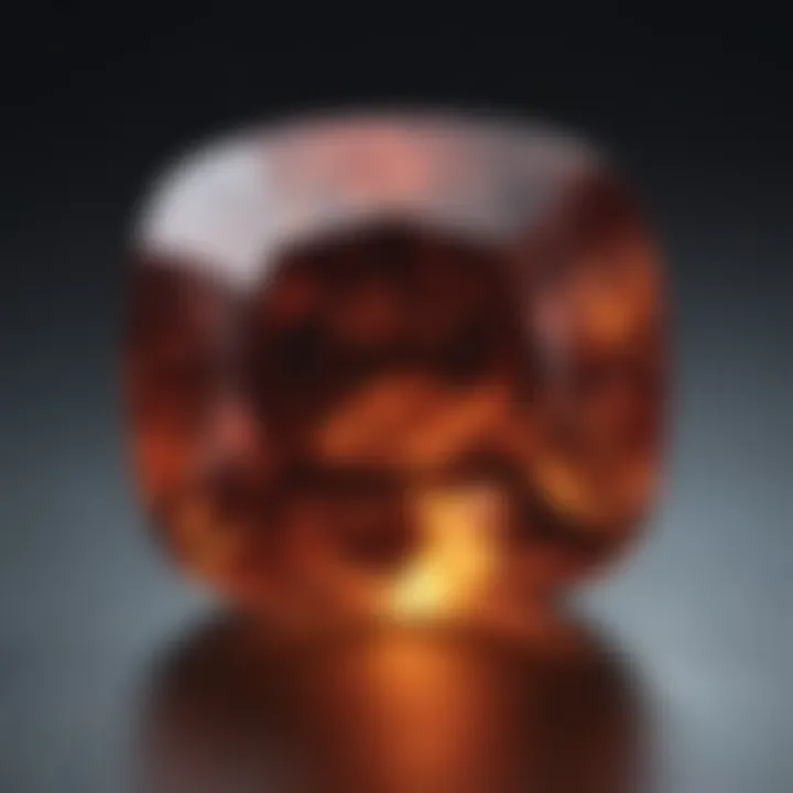 Close-up of a cushion cut gemstone reflecting light