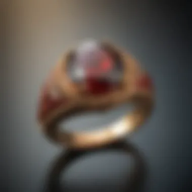 A close-up view of a bloodstone birthstone ring highlighting its rich green and red hues