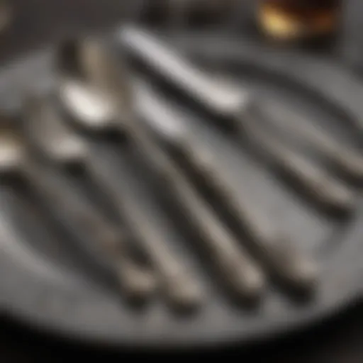 Detailed view of tarnished silverware before cleaning