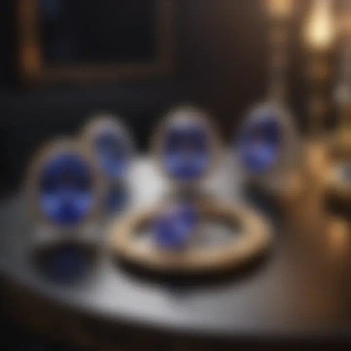 An elegant display of tanzanite jewelry in a luxurious setting.