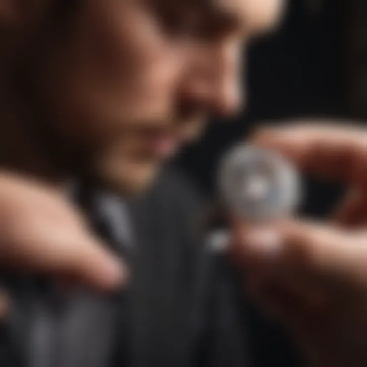 An experienced jeweler examining a diamond ring under professional lighting