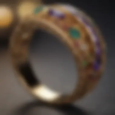 A close-up of a golden ring embedded with gemstones, highlighting artistry