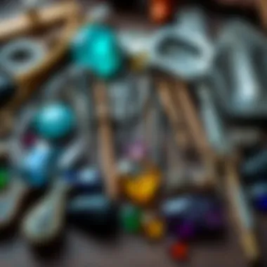 An organized assortment of tools required for gemstone hunting