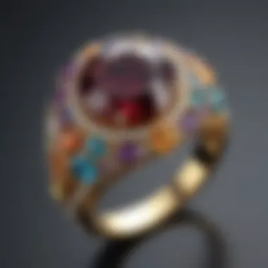 An engagement ring adorned with colorful gemstones representing diverse cultures