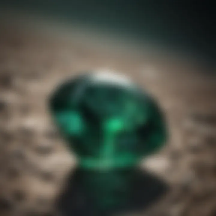 Close-up view of an emerald stone with unique characteristics.