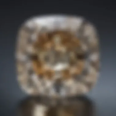 Close-up of a cushion cut diamond highlighting its facets.