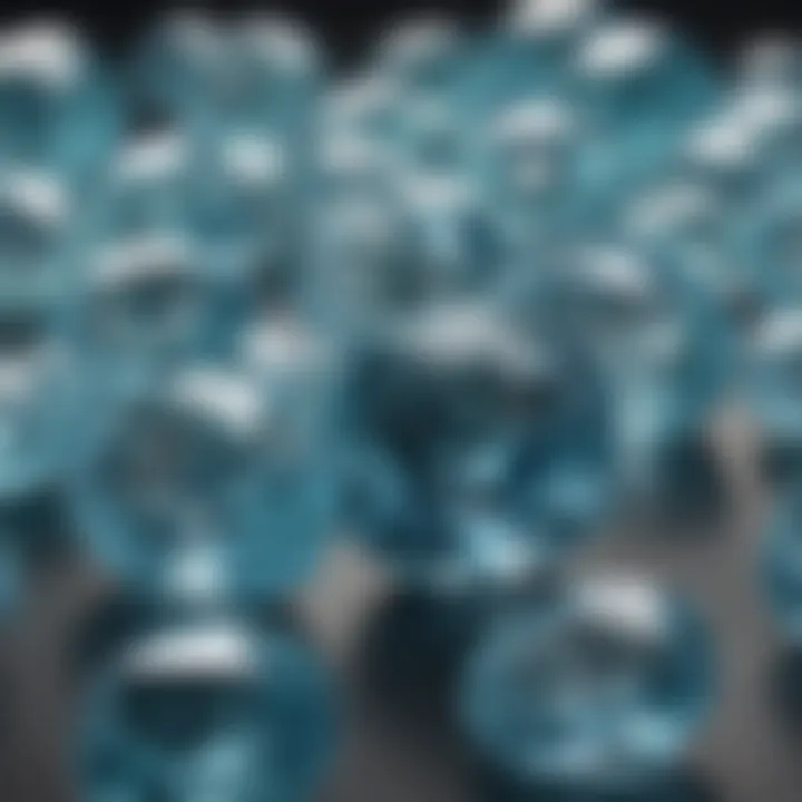 Close-up view of aquamarine color variations in gemstones