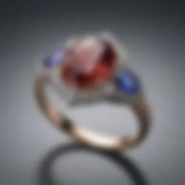 A contemporary multi-stone engagement ring featuring a unique design with colored gemstones