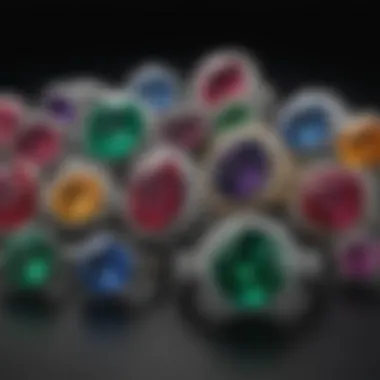 A collection of colorful gemstones including emeralds, rubies, and amethysts displayed elegantly on a velvet backdrop.