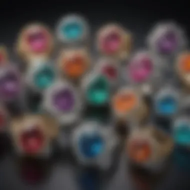 A collection of unique gemstone rings featuring various colors and designs