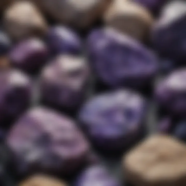 Raw charoite stones displaying natural textures and forms