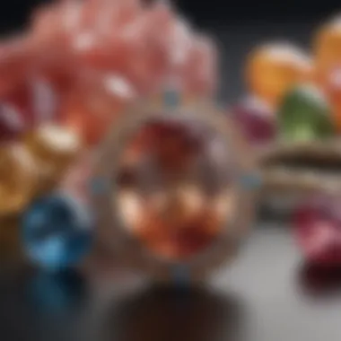 An artistic display of color quartz jewelry pieces reflecting light with their vibrant colors.