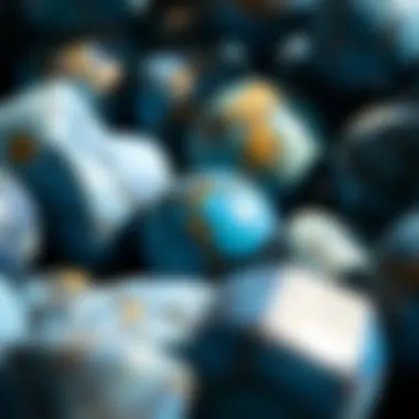 Close-up view of blue stone beads showcasing intricate patterns and textures