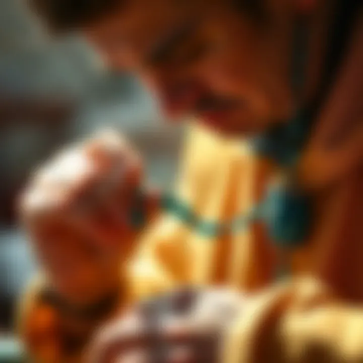 An artisan crafting jewelry with blue natural stone beads, displaying techniques