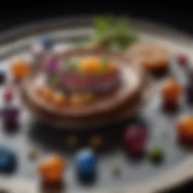 Gourmet Dish with Edible Gemstone Garnish A gourmet dish elegantly garnished with edible gemstones, enhancing its visual appeal