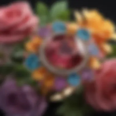 Close-up of a floral design with colorful gemstones