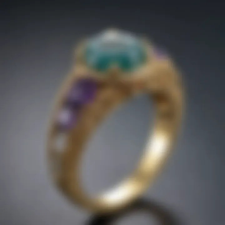 Close-up of a gemstone ring on a sizer ring, emphasizing the fit and comfort.