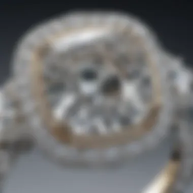 Close-up view of a large cushion cut halo engagement ring showcasing its intricate design.