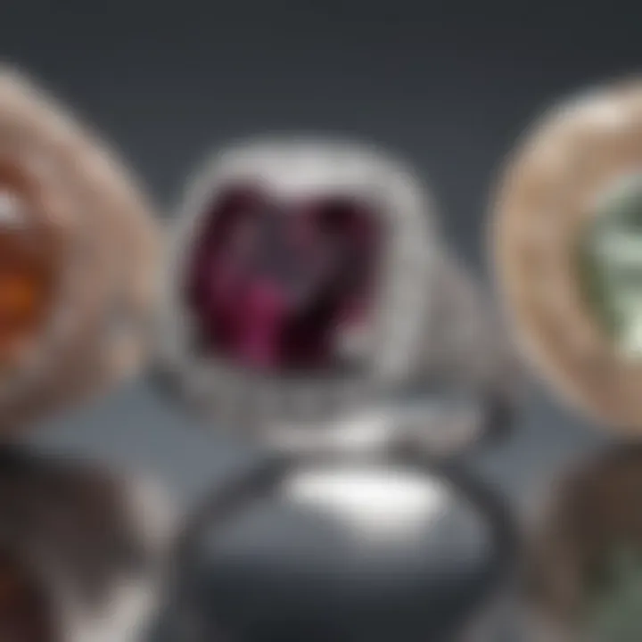 A comparison of different gemstone colors in large cushion cut halo rings.