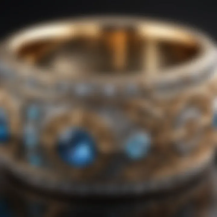 A close-up view of an intricately designed ring showcasing unique patterns and textures.