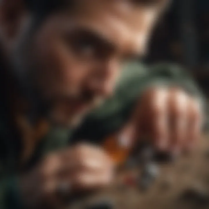 A close-up of an explorer examining a gemstone, highlighting the intricate details and allure of the find