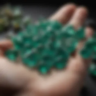 An array of raw and polished Russian emeralds highlighting the range of sizes and shapes.