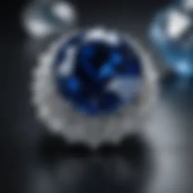 Close-up view of a blue sapphire and a white diamond, highlighting their brilliance.