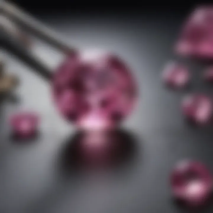 Close-up view of a pink sapphire with gemological tools