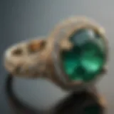 Close-up view of a natural raw emerald ring showcasing its unique texture and color variations.