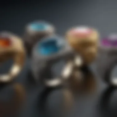 A collection of unique fashion rings showcasing various materials and designs