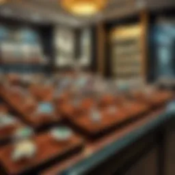 Showcase of elegant rings in a jewelry shop