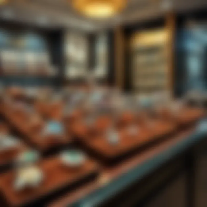 Showcase of elegant rings in a jewelry shop