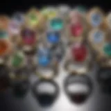 A close-up view of a selection of gemstone rings showcasing various sizes and designs.