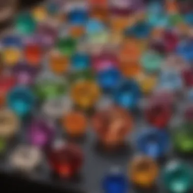 Vibrant Gemstones on Display A dazzling display of various gemstones in a shop window, showcasing their vibrant colors and unique shapes.