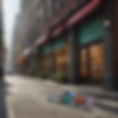 Urban Energy and Gemstone Allure A vibrant street scene outside a popular gem store in NYC, capturing the energy of urban life and the allure of gemstones.