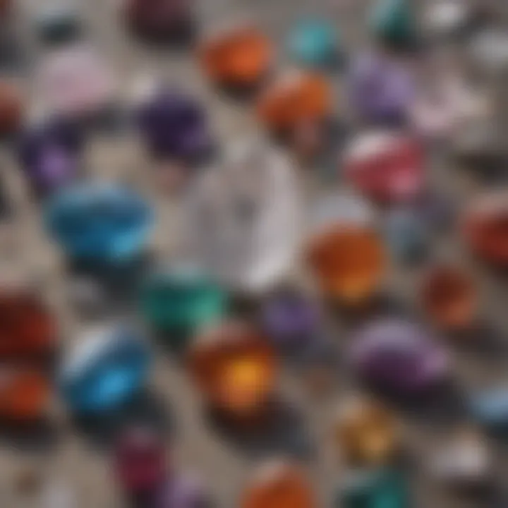 An arrangement of crystals used for healing, laid out on a natural surface.