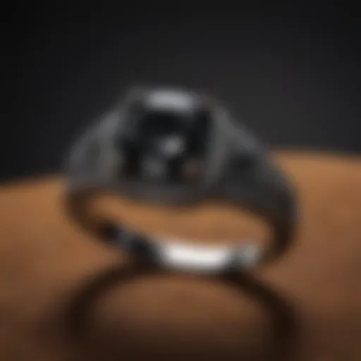 Stunning black diamond ring on a velvet surface