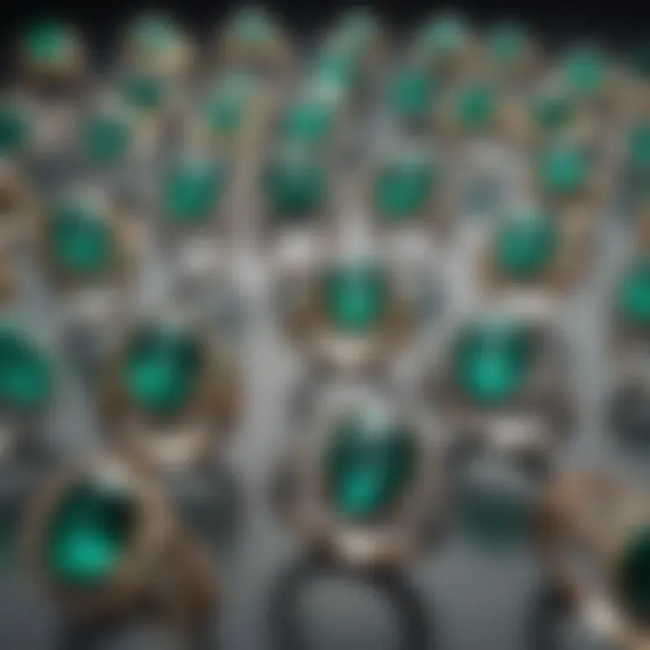 A collection of various emerald rings with different styles and settings.