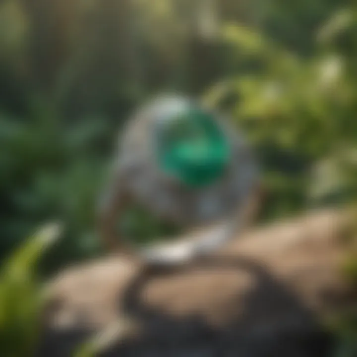 An elegant setting of an emerald ring amidst nature.