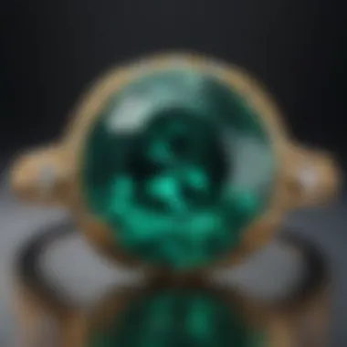 Close-up view of an emerald gemstone highlighting its vibrant green hue.