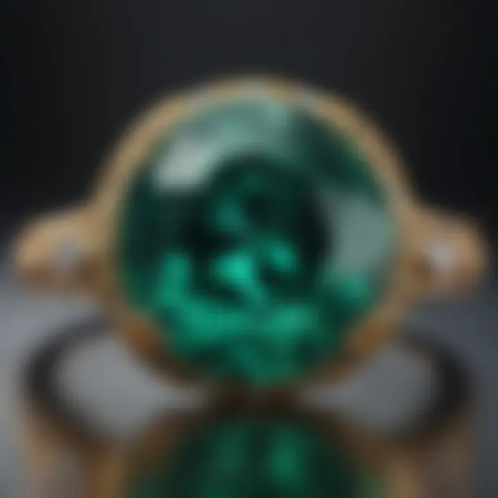 Close-up view of an emerald gemstone highlighting its vibrant green hue.