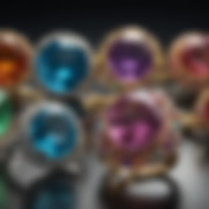 A close-up view of various colorful gemstones used in vintage rings.