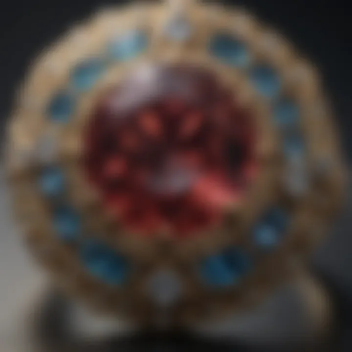 A close-up of vintage jewelry highlighting symbolic gemstones