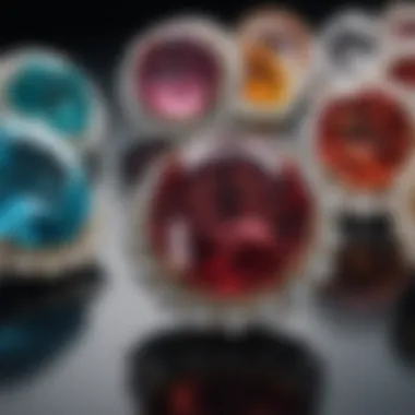 A close-up view of exquisite gemstones showcased in a luxury auction setting