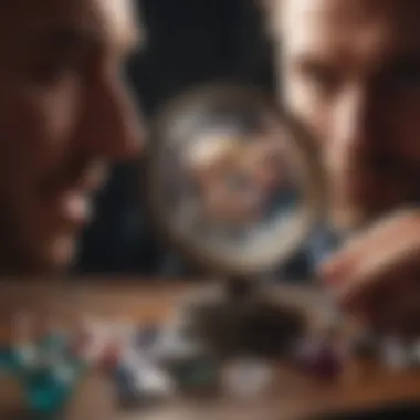 A professional examining gemstones under a magnifying glass.