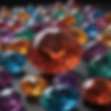 A close-up view of various gemstones showcasing their brilliance and color variations.