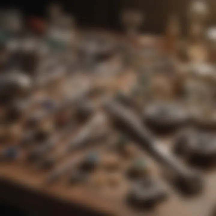 An array of jewelry-making tools neatly arranged on a workspace.