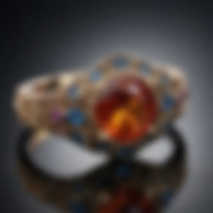 A beautifully crafted engagement ring with intricate designs and colorful stones.