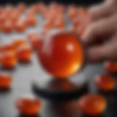 Magnifying glass over a carnelian stone to check authenticity