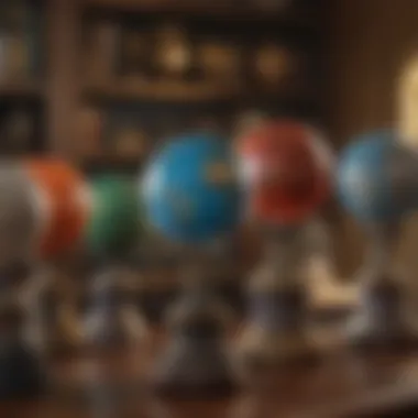Display of Precious Stone World Globes A beautifully crafted display of various precious stone world globes on a shelf